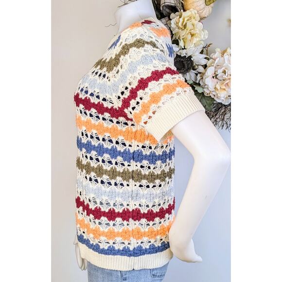Cato Crochet Sweater Medium Multicolor Stripe Cotton Open Knit Short Sleeve Boho - Picture 4 of 9